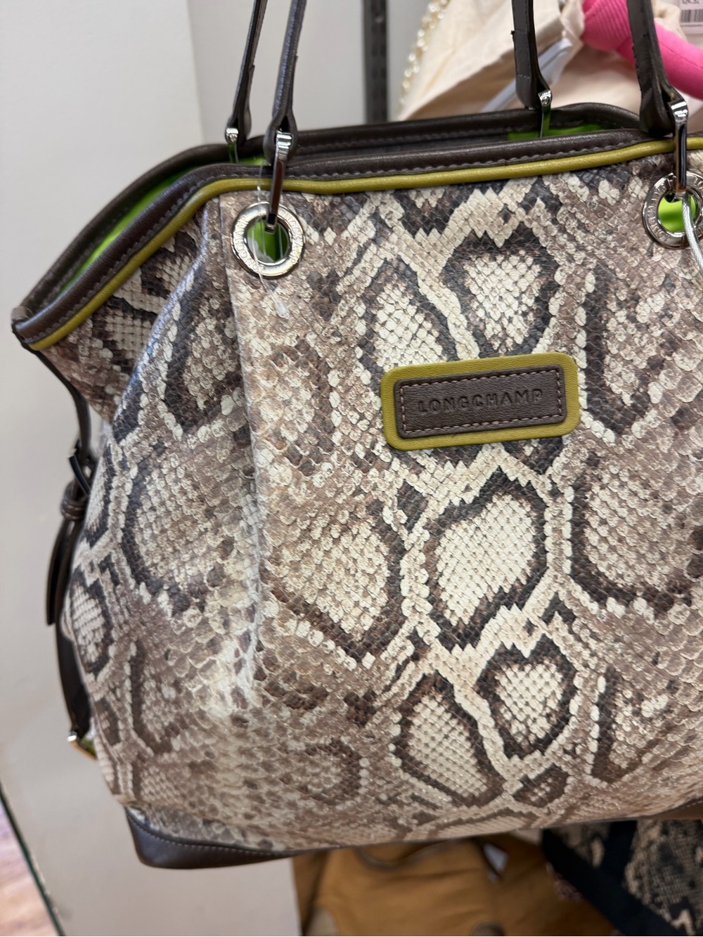 Longchamp Python-Effect Tote with Olive Trim